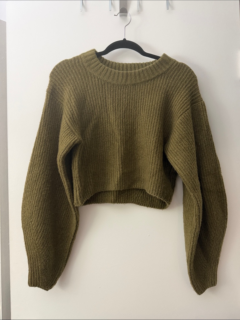 Urban Outfitters Olive Green Cropped Ribbed Crew Sweater